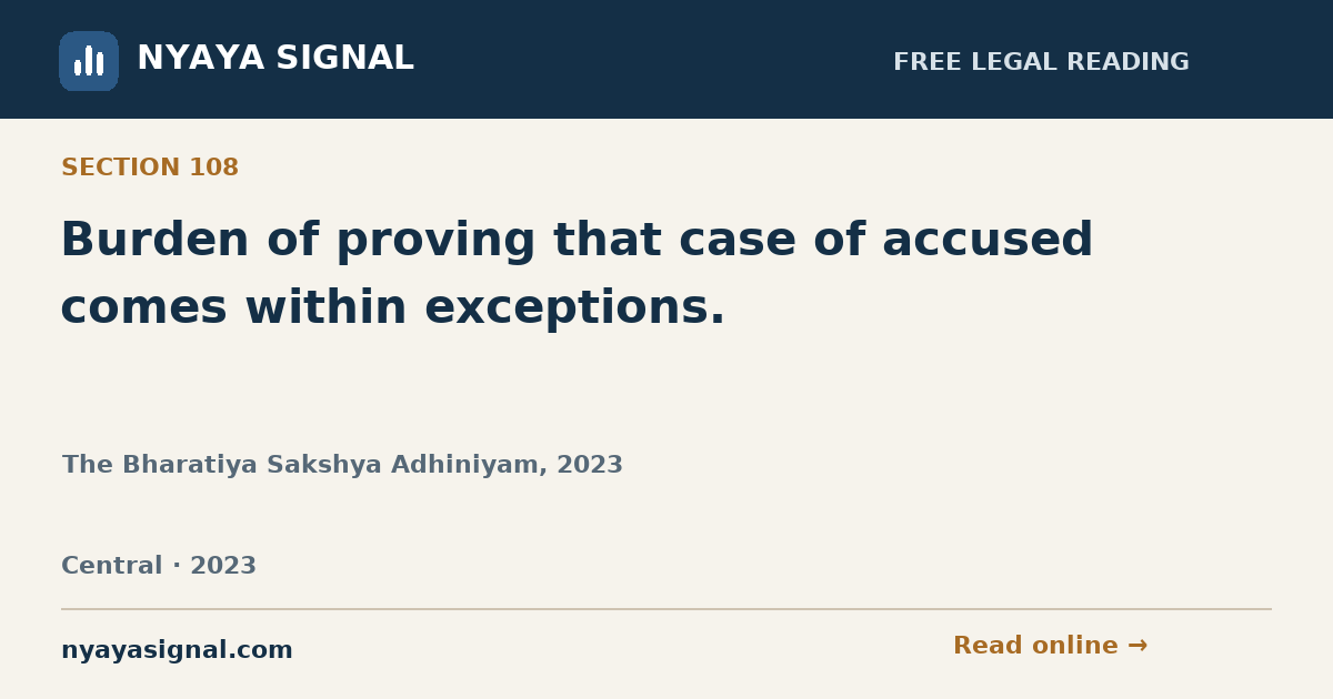 Section 108 — Burden of proving that case of accused comes within exceptions. | The Bharatiya Sakshya Adhiniyam, 2023 | NYAYA SIGNAL