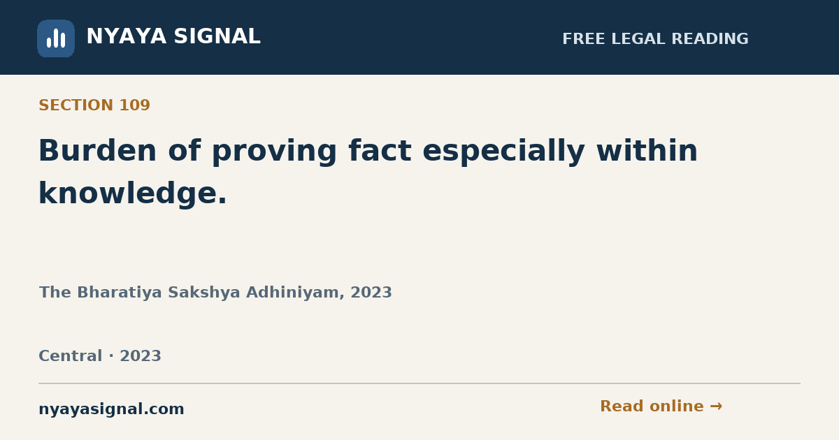 Section 109 — Burden of proving fact especially within knowledge. | The Bharatiya Sakshya Adhiniyam, 2023 | NYAYA SIGNAL