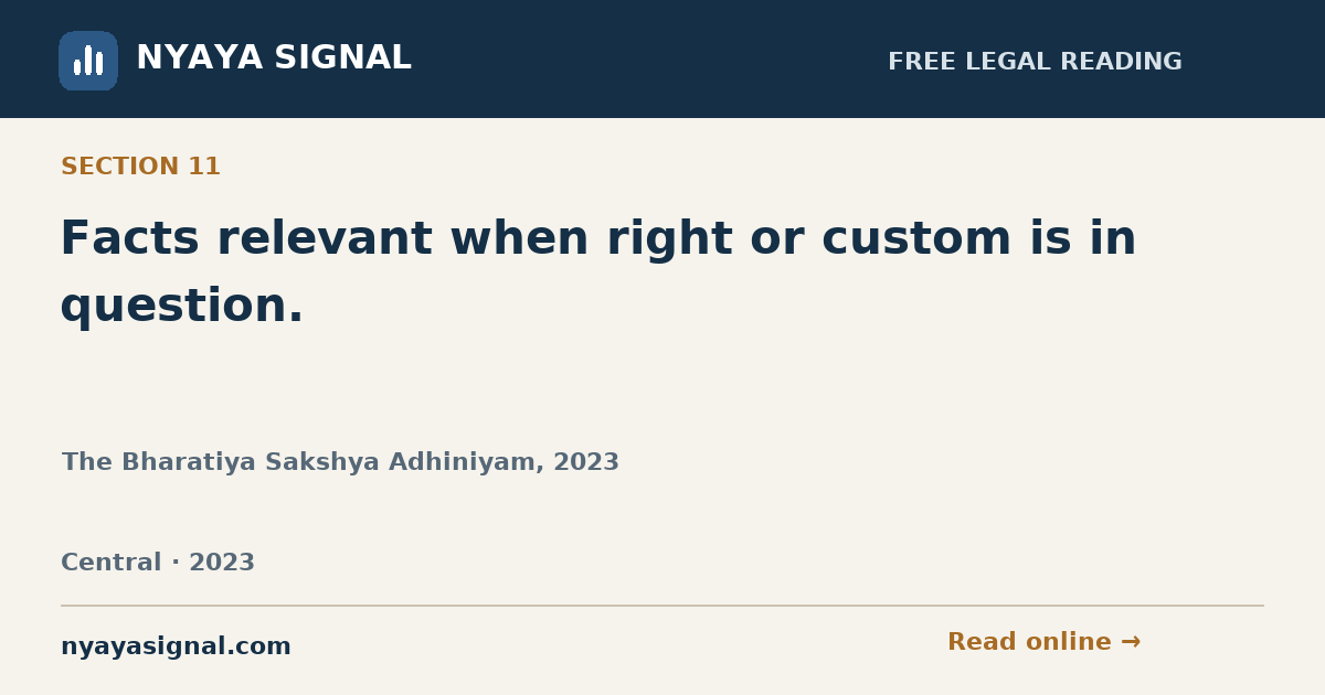 Section 11 — Facts relevant when right or custom is in question. | The Bharatiya Sakshya Adhiniyam, 2023 | NYAYA SIGNAL
