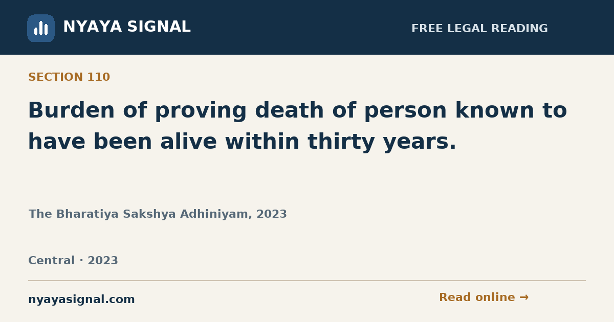 Section 110 — Burden of proving death of person known to have been alive within thirty years. | The Bharatiya Sakshya Adhiniyam, 2023 | NYAYA SIGNAL