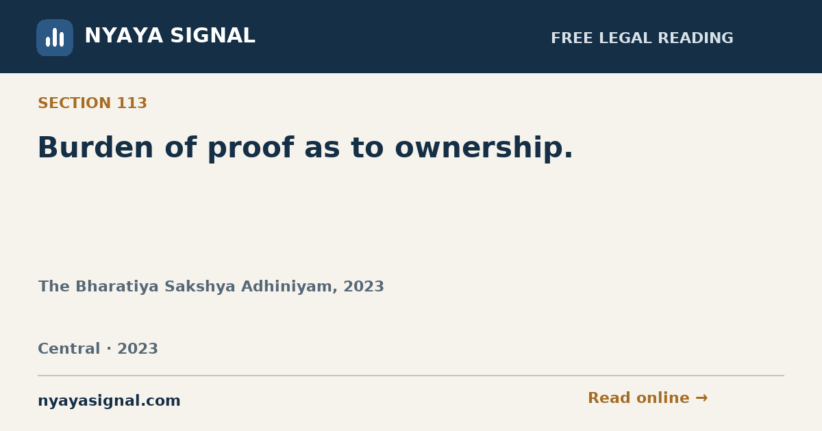 Section 113 — Burden of proof as to ownership. | The Bharatiya Sakshya Adhiniyam, 2023 | NYAYA SIGNAL