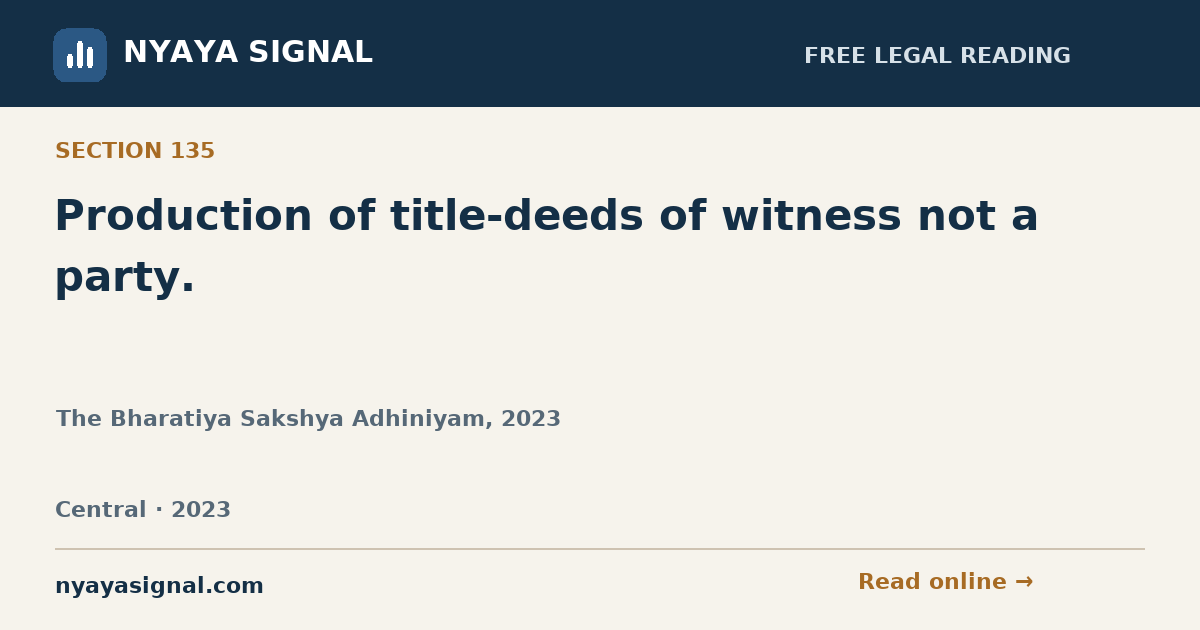 Section 135 — Production of title-deeds of witness not a party. | The Bharatiya Sakshya Adhiniyam, 2023 | NYAYA SIGNAL
