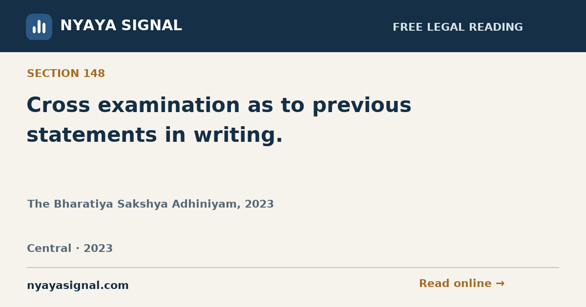 Section 148 — Cross examination as to previous statements in writing. | The Bharatiya Sakshya Adhiniyam, 2023 | NYAYA SIGNAL
