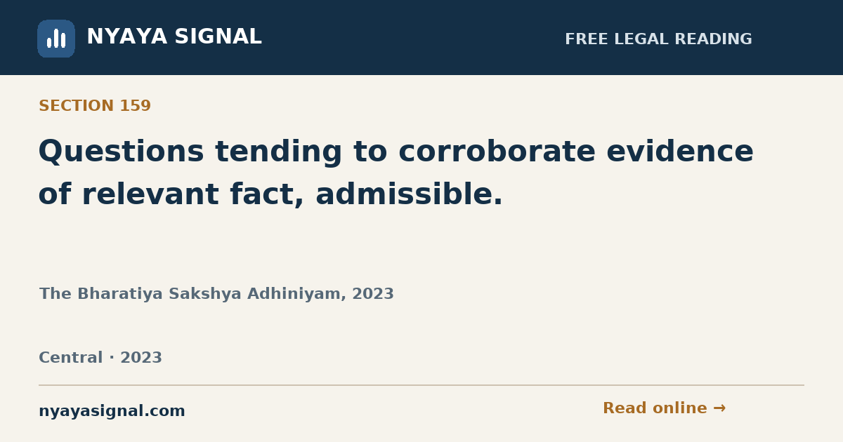 Section 159 — Questions tending to corroborate evidence of relevant fact, admissible. | The Bharatiya Sakshya Adhiniyam, 2023 | NYAYA SIGNAL