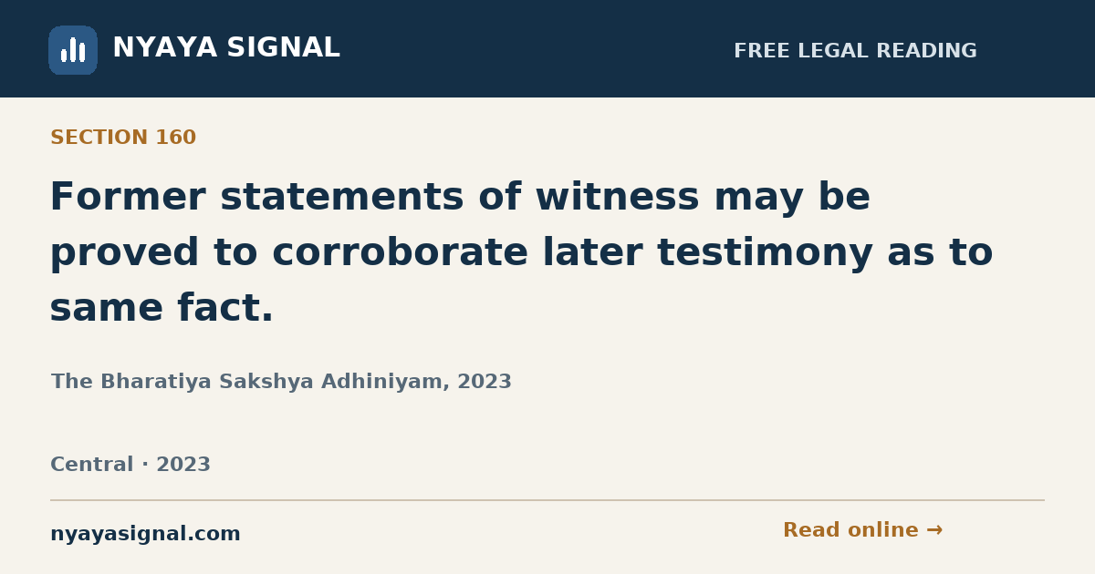 Section 160 — Former statements of witness may be proved to corroborate later testimony as to same fact. | The Bharatiya Sakshya Adhiniyam, 2023 | NYAYA SIGNAL