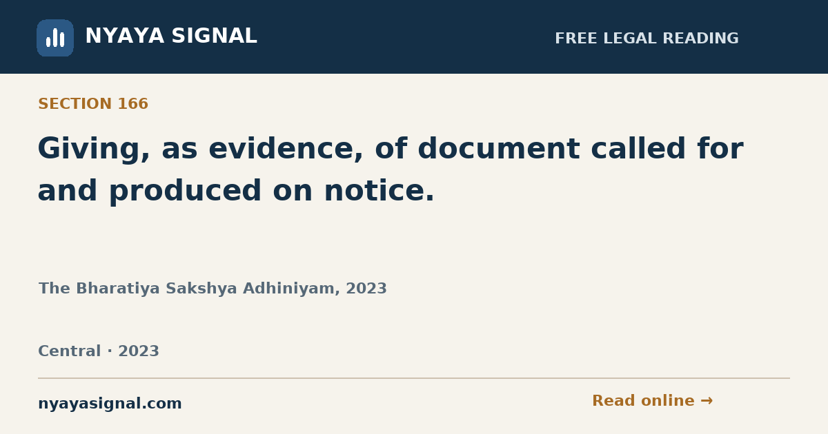 Section 166 — Giving, as evidence, of document called for and produced on notice. | The Bharatiya Sakshya Adhiniyam, 2023 | NYAYA SIGNAL