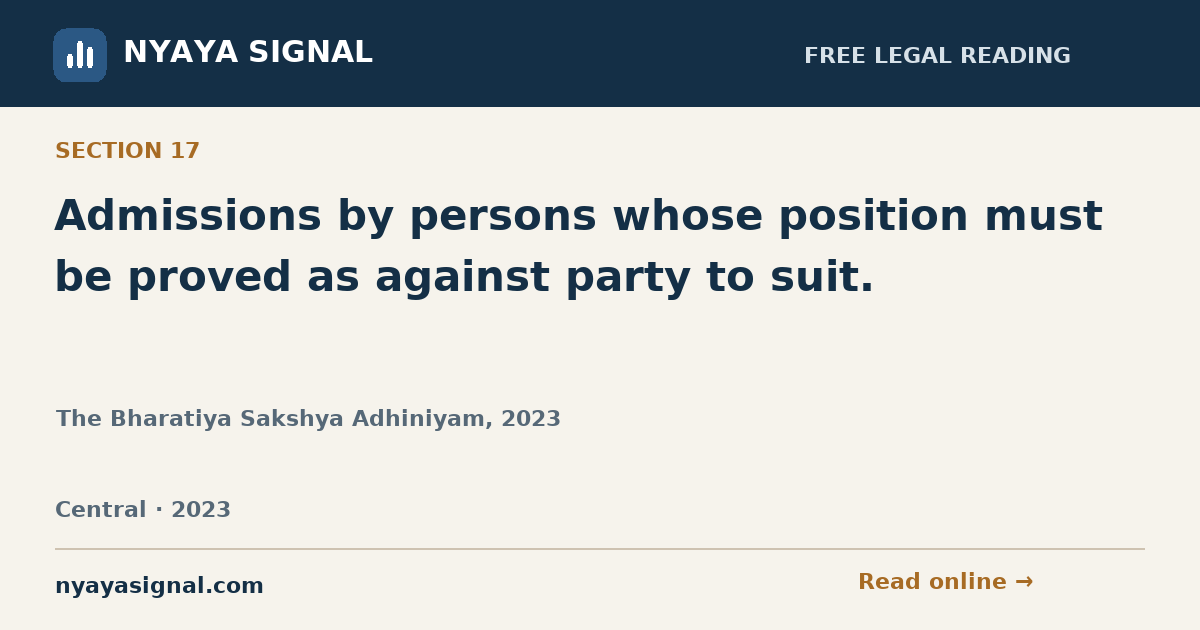 Section 17 — Admissions by persons whose position must be proved as against party to suit. | The Bharatiya Sakshya Adhiniyam, 2023 | NYAYA SIGNAL