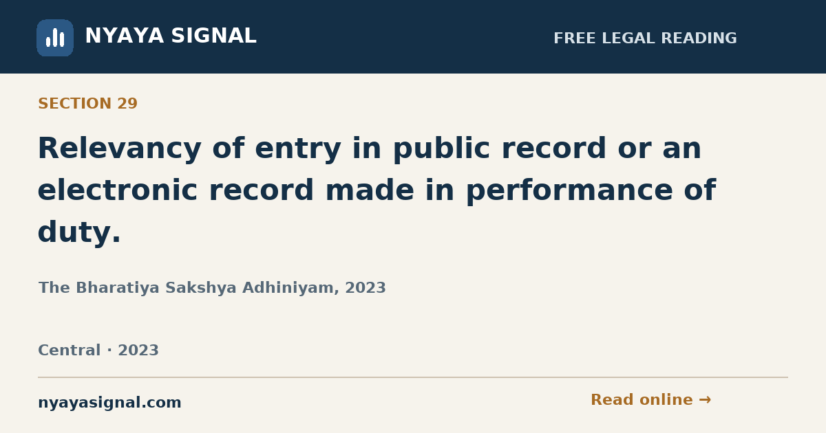 Section 29 — Relevancy of entry in public record or an electronic record made in performance of duty. | The Bharatiya Sakshya Adhiniyam, 2023 | NYAYA SIGNAL