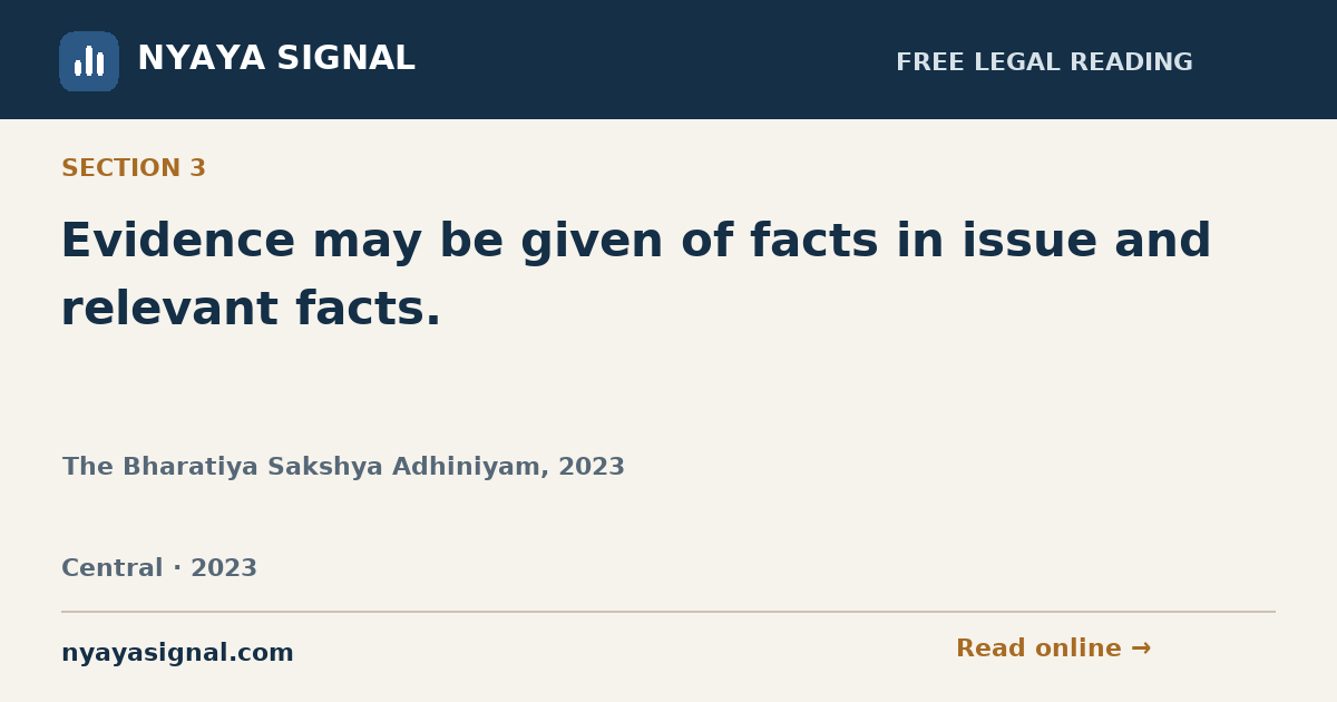 Section 3 — Evidence may be given of facts in issue and relevant facts. | The Bharatiya Sakshya Adhiniyam, 2023 | NYAYA SIGNAL