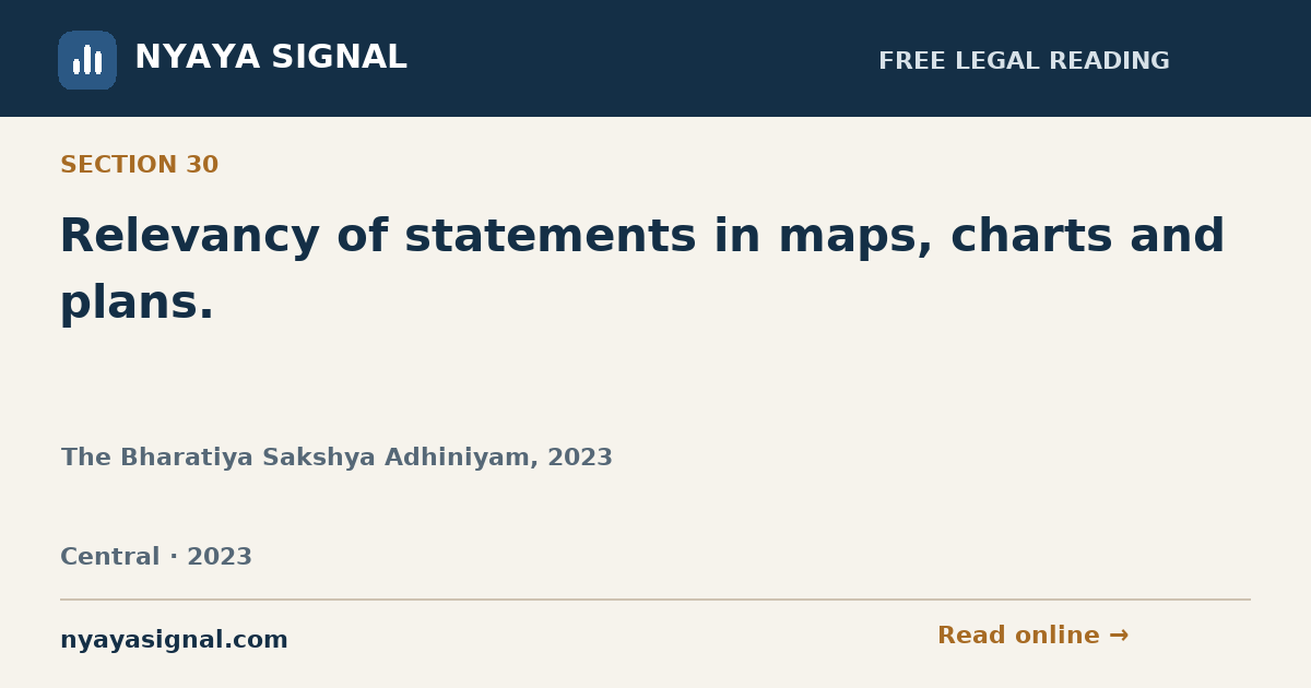 Section 30 — Relevancy of statements in maps, charts and plans. | The Bharatiya Sakshya Adhiniyam, 2023 | NYAYA SIGNAL