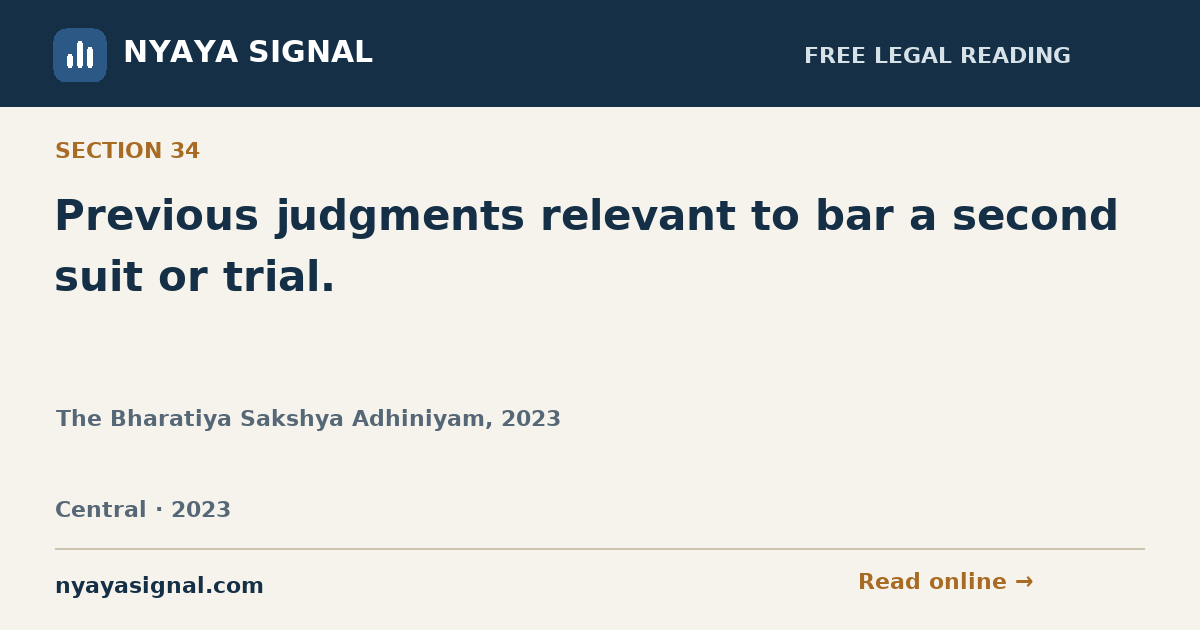 Section 34 — Previous judgments relevant to bar a second suit or trial. | The Bharatiya Sakshya Adhiniyam, 2023 | NYAYA SIGNAL