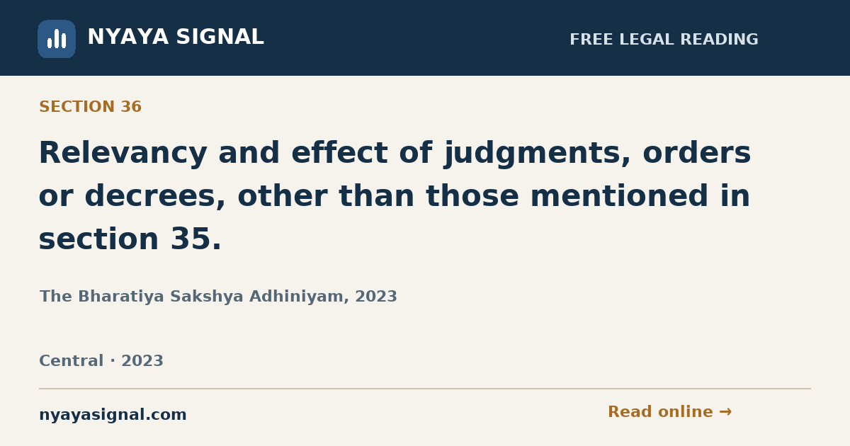 Section 36 — Relevancy and effect of judgments, orders or decrees, other than those mentioned in section 35. | The Bharatiya Sakshya Adhiniyam, 2023 | NYAYA SIGNAL