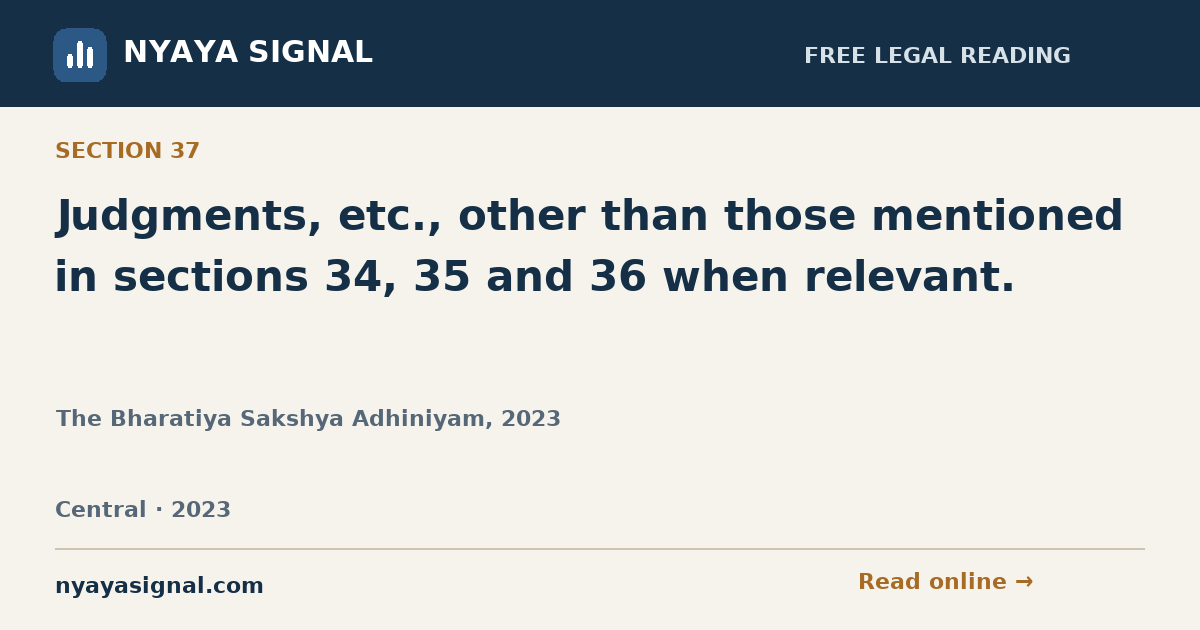 Section 37 — Judgments, etc., other than those mentioned in sections 34, 35 and 36 when relevant. | The Bharatiya Sakshya Adhiniyam, 2023 | NYAYA SIGNAL