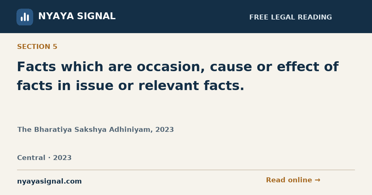 Section 5 — Facts which are occasion, cause or effect of facts in issue or relevant facts. | The Bharatiya Sakshya Adhiniyam, 2023 | NYAYA SIGNAL