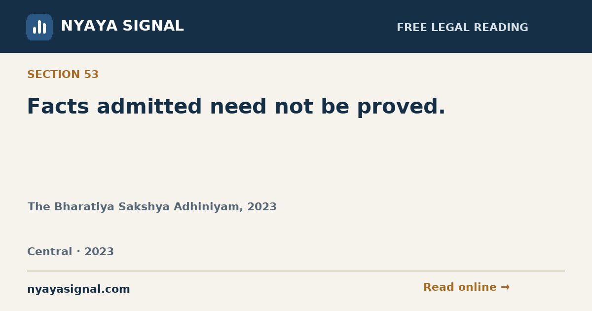 Section 53 — Facts admitted need not be proved. | The Bharatiya Sakshya Adhiniyam, 2023 | NYAYA SIGNAL