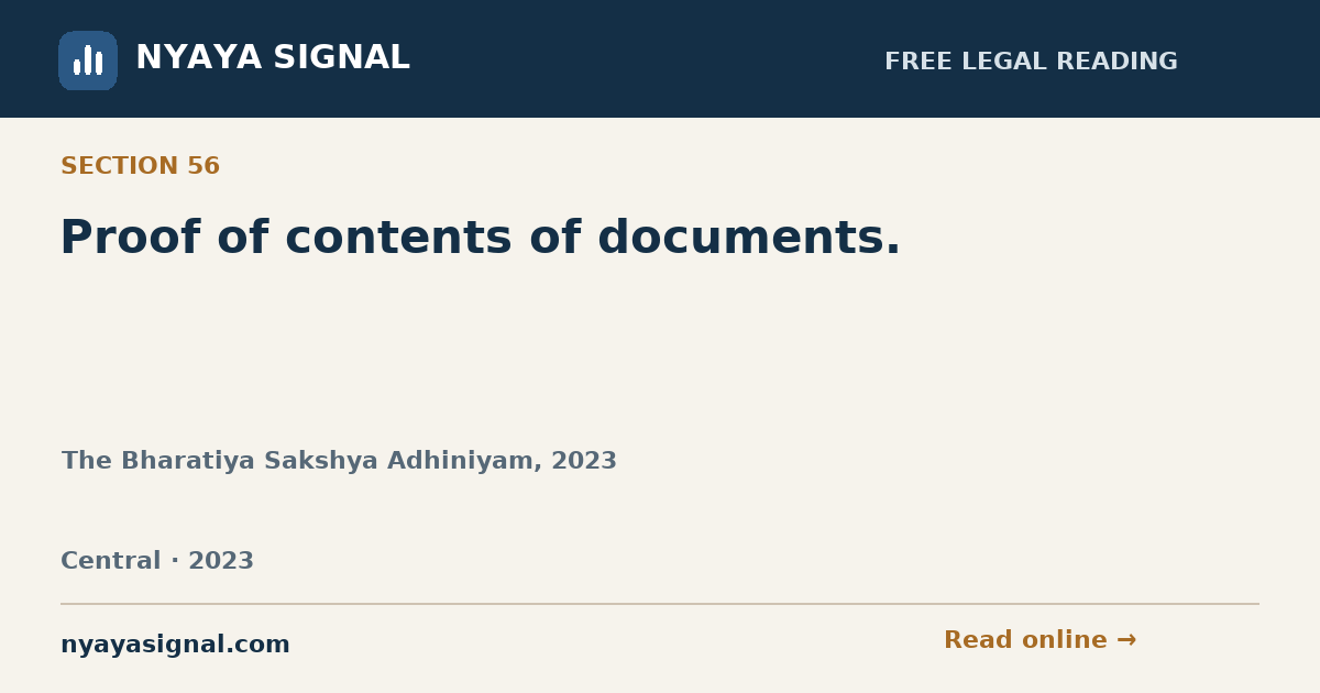 Section 56 — Proof of contents of documents. | The Bharatiya Sakshya Adhiniyam, 2023 | NYAYA SIGNAL