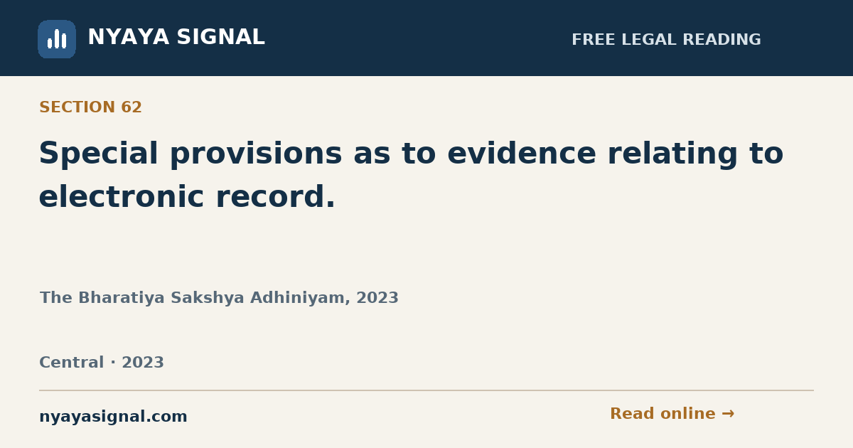Section 62 — Special provisions as to evidence relating to electronic record. | The Bharatiya Sakshya Adhiniyam, 2023 | NYAYA SIGNAL