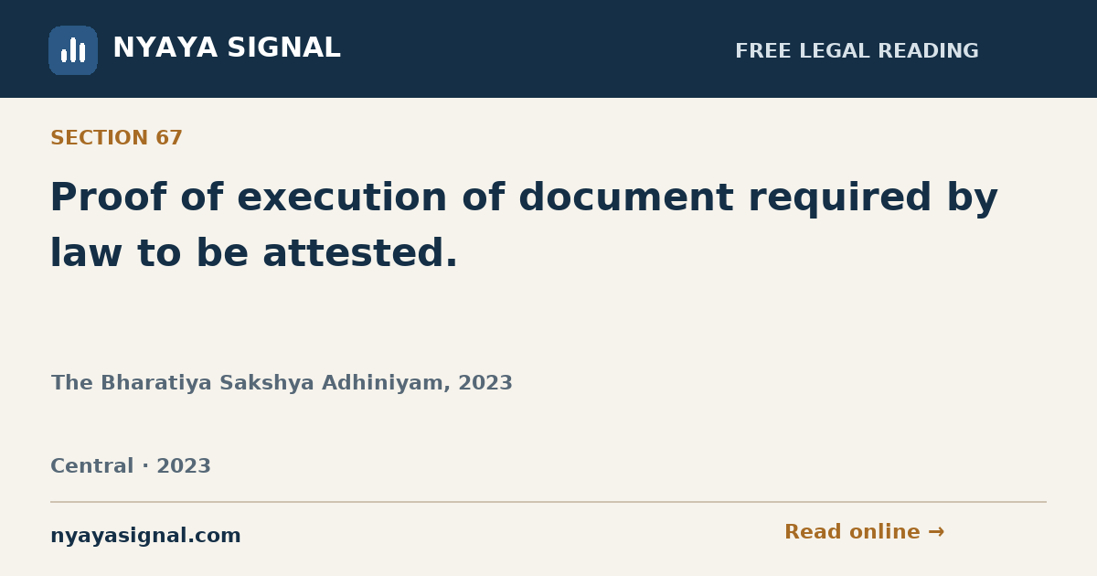 Section 67 — Proof of execution of document required by law to be attested. | The Bharatiya Sakshya Adhiniyam, 2023 | NYAYA SIGNAL