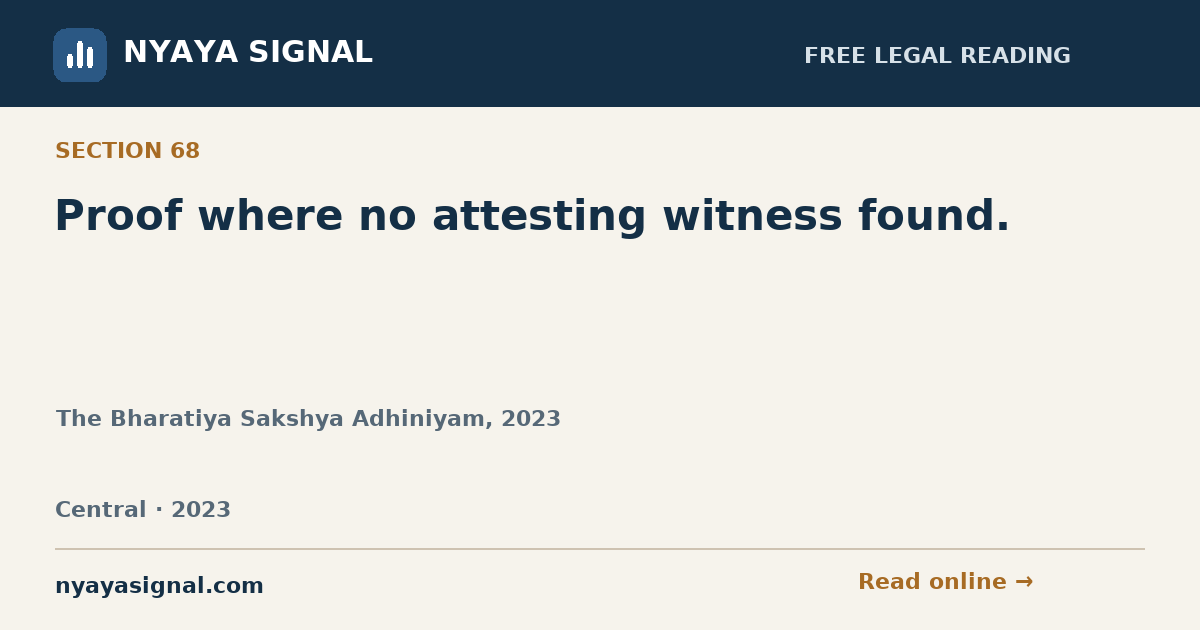 Section 68 — Proof where no attesting witness found. | The Bharatiya Sakshya Adhiniyam, 2023 | NYAYA SIGNAL