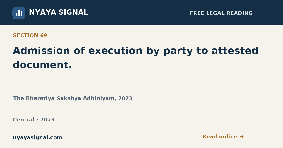 Section 69 — Admission of execution by party to attested document. | The Bharatiya Sakshya Adhiniyam, 2023 | NYAYA SIGNAL