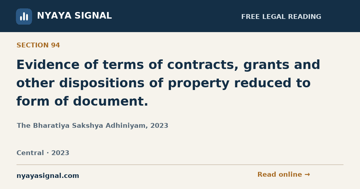 Section 94 — Evidence of terms of contracts, grants and other dispositions of property reduced to form of document. | The Bharatiya Sakshya Adhiniyam, 2023 | NYAYA SIGNAL