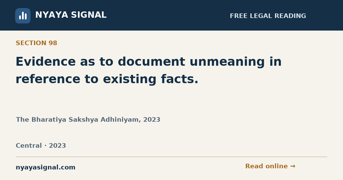 Section 98 — Evidence as to document unmeaning in reference to existing facts. | The Bharatiya Sakshya Adhiniyam, 2023 | NYAYA SIGNAL
