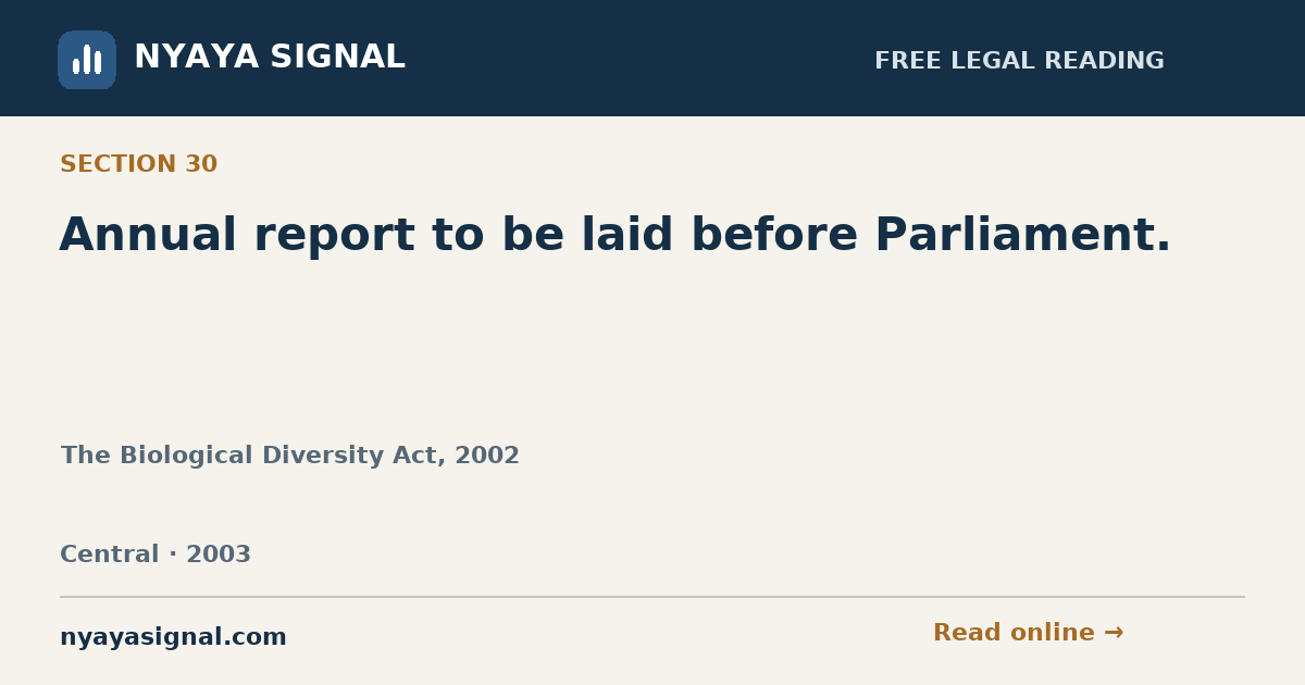 Section 30 — Annual report to be laid before Parliament. | The Biological Diversity Act, 2002 | NYAYA SIGNAL