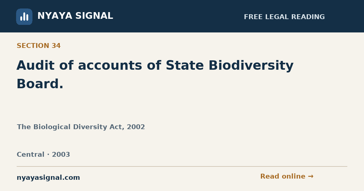 Section 34 — Audit of accounts of State Biodiversity Board. | The Biological Diversity Act, 2002 | NYAYA SIGNAL