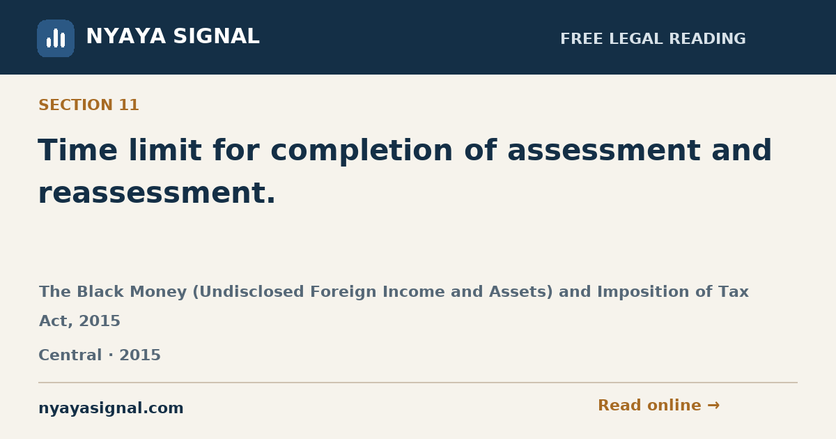 Section 11 — Time limit for completion of assessment and reassessment. | The Black Money (Undisclosed Foreign Income and Assets) and Imposition of Tax Act, 2015 | NYAYA SIGNAL