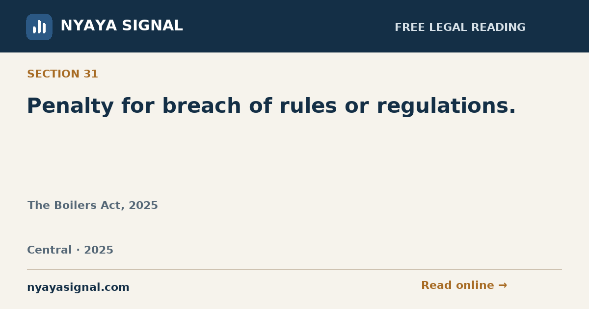 Section 31 — Penalty for breach of rules or regulations. | The Boilers Act, 2025 | NYAYA SIGNAL