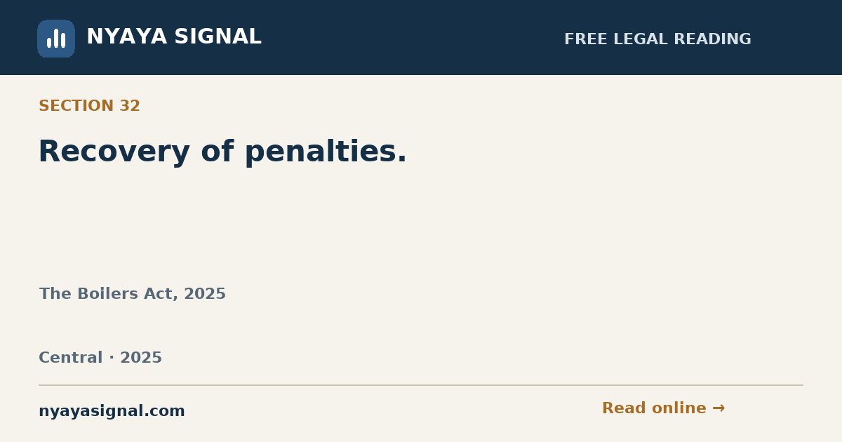Section 32 — Recovery of penalties. | The Boilers Act, 2025 | NYAYA SIGNAL