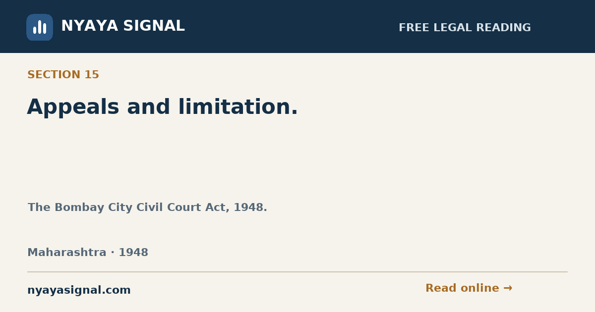 Section 15 — Appeals and limitation. | The Bombay City Civil Court Act, 1948. | NYAYA SIGNAL