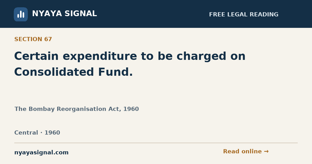 Section 67 — Certain expenditure to be charged on Consolidated Fund. | The Bombay Reorganisation Act, 1960 | NYAYA SIGNAL