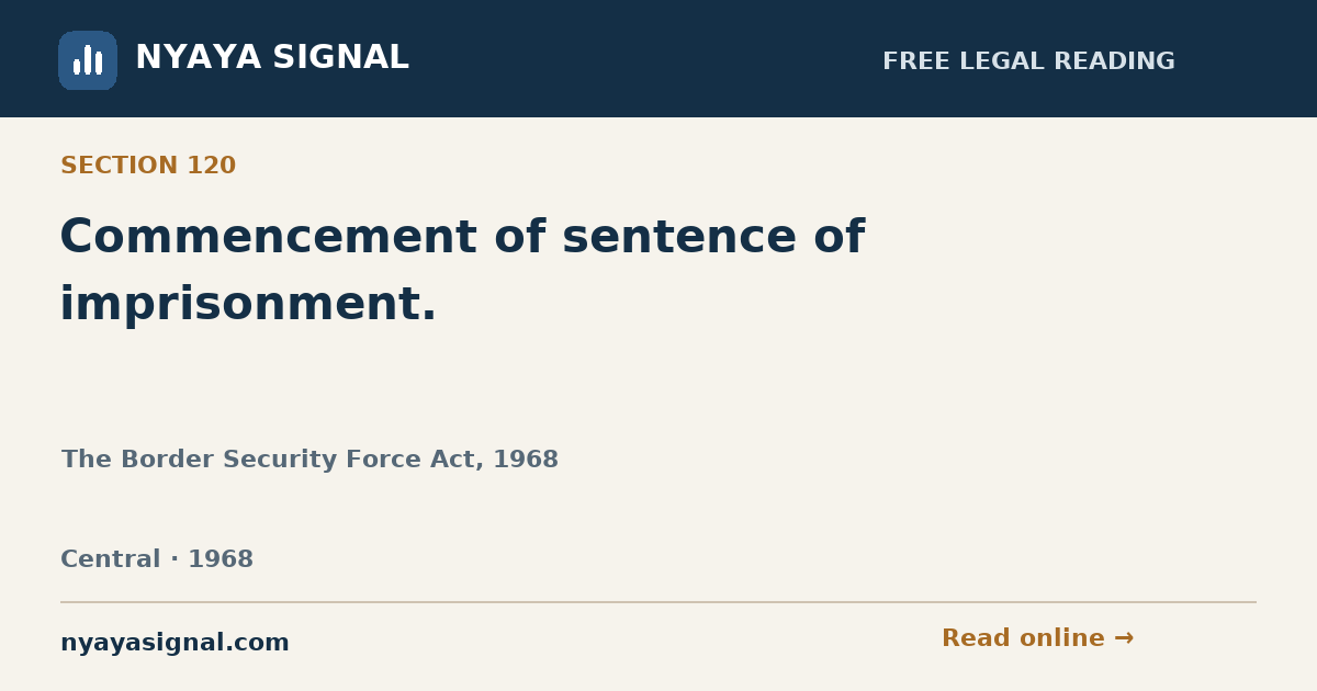 Section 120 — Commencement of sentence of imprisonment. | The Border Security Force Act, 1968 | NYAYA SIGNAL