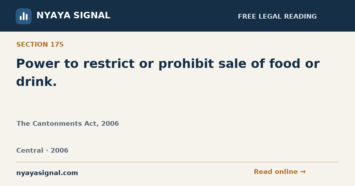 Section 175 — Power to restrict or prohibit sale of food or drink. | The Cantonments Act, 2006 | NYAYA SIGNAL