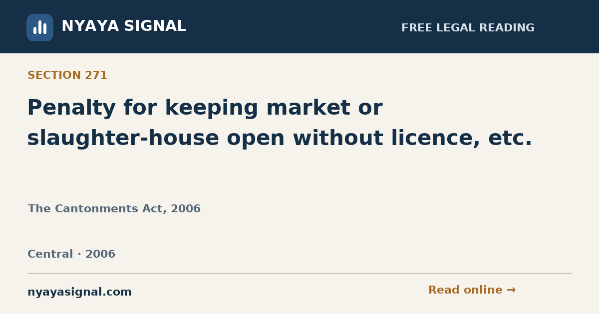 Section 271 — Penalty for keeping market or slaughter-house open without licence, etc. | The Cantonments Act, 2006 | NYAYA SIGNAL
