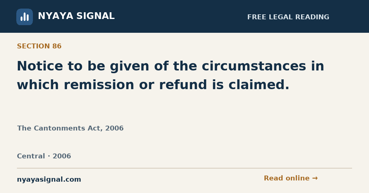 Section 86 — Notice to be given of the circumstances in which remission or refund is claimed. | The Cantonments Act, 2006 | NYAYA SIGNAL