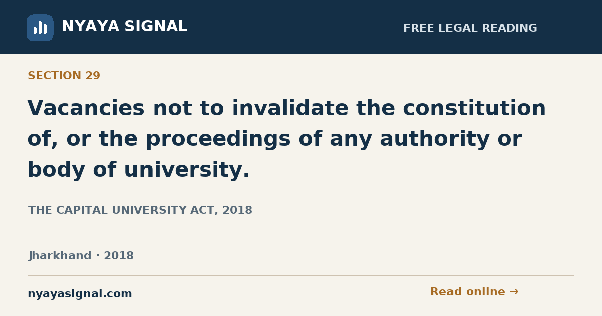 Section 29 — Vacancies not to invalidate the constitution of, or the proceedings of any authority or body of university. | THE CAPITAL UNIVERSITY ACT, 2018 | NYAYA SIGNAL