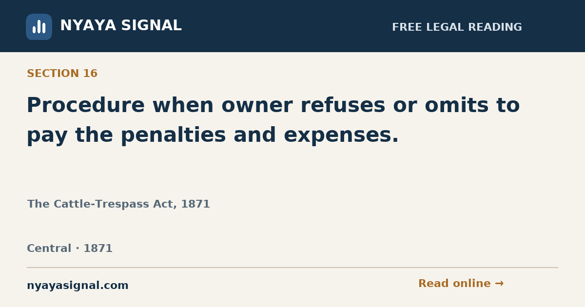 Section 16 — Procedure when owner refuses or omits to pay the penalties and expenses. | The Cattle-Trespass Act, 1871 | NYAYA SIGNAL