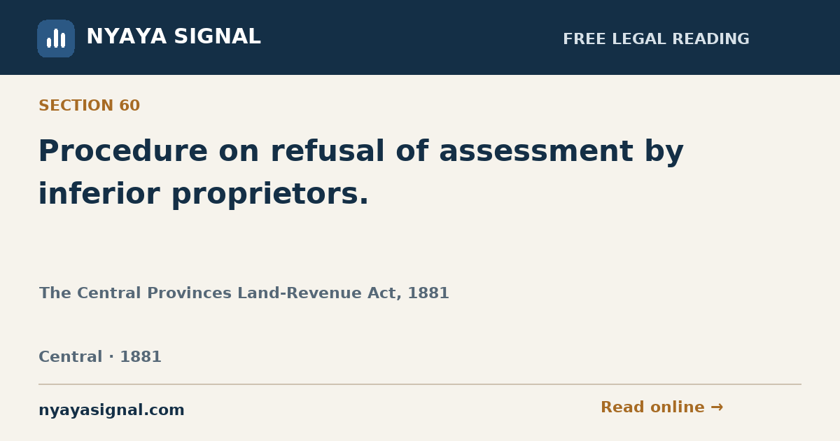 Section 60 — Procedure on refusal of assessment by inferior proprietors. | The Central Provinces Land-Revenue Act, 1881 | NYAYA SIGNAL