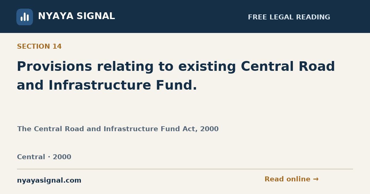 Section 14 — Provisions relating to existing Central Road and Infrastructure Fund. | The Central Road and Infrastructure Fund Act, 2000 | NYAYA SIGNAL