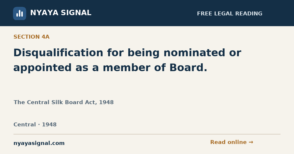 Section 4A — Disqualification for being nominated or appointed as a member of Board. | The Central Silk Board Act, 1948 | NYAYA SIGNAL