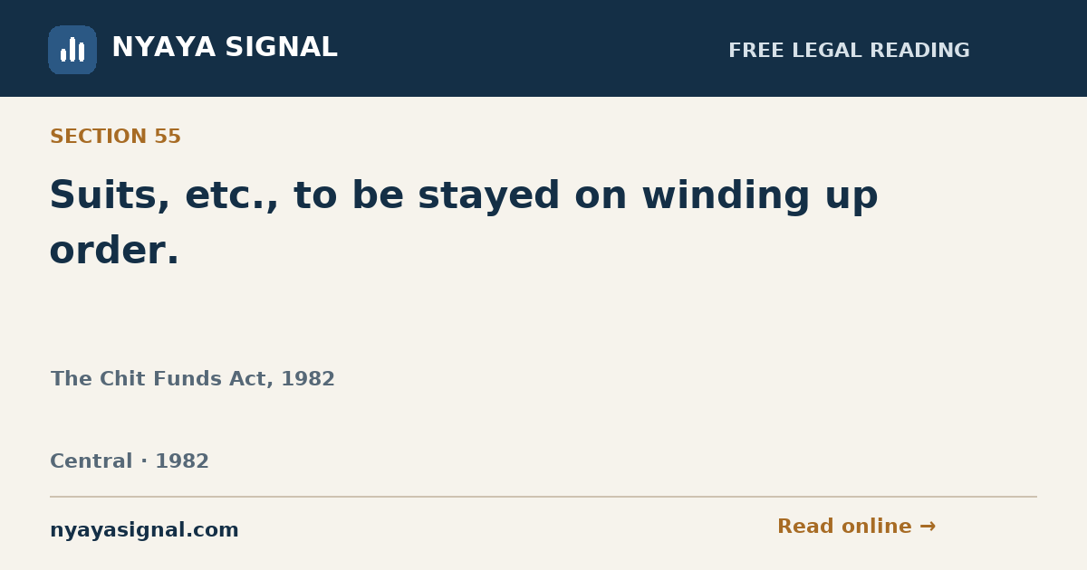 Section 55 — Suits, etc., to be stayed on winding up order. | The Chit Funds Act, 1982 | NYAYA SIGNAL