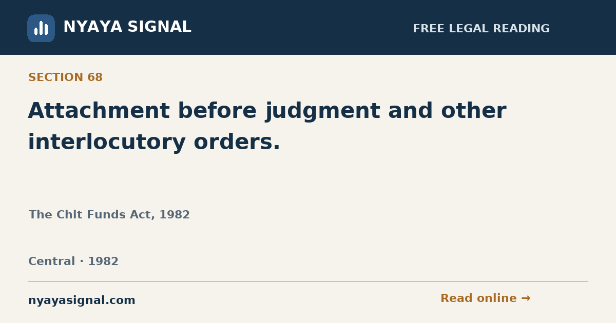 Section 68 — Attachment before judgment and other interlocutory orders. | The Chit Funds Act, 1982 | NYAYA SIGNAL