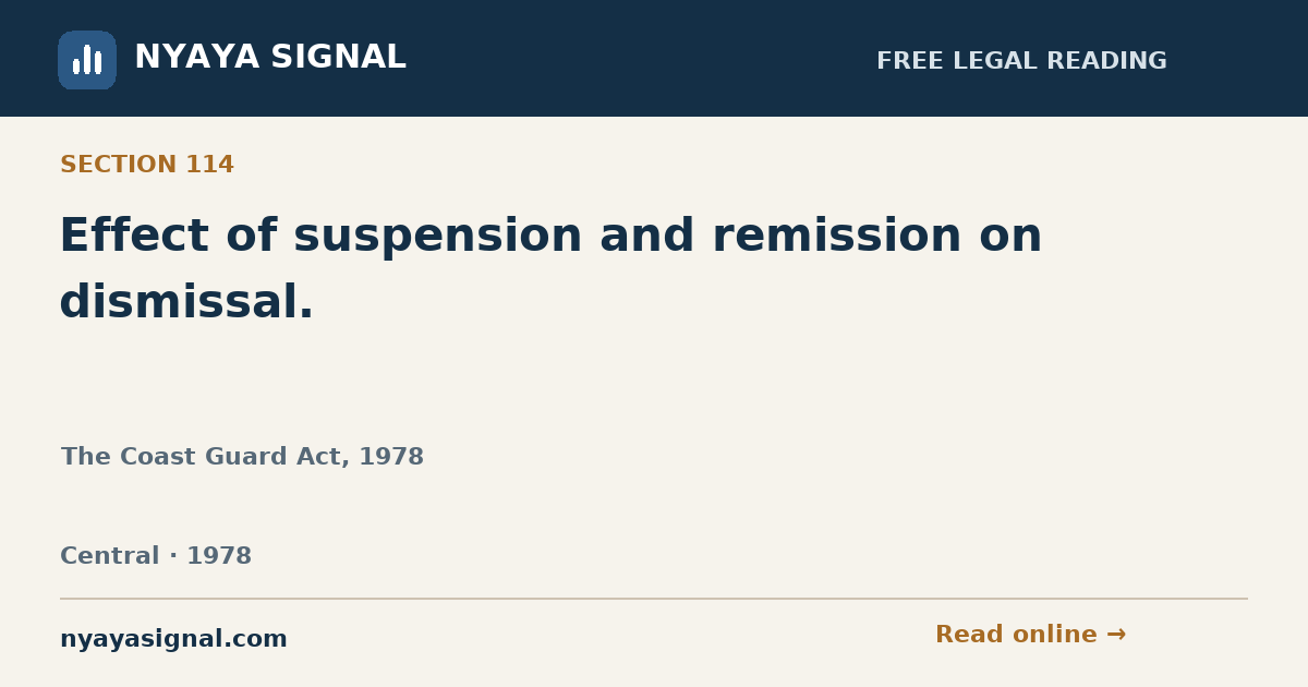 Section 114 — Effect of suspension and remission on dismissal. | The Coast Guard Act, 1978 | NYAYA SIGNAL