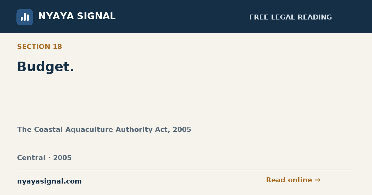 Section 18 — Budget. | The Coastal Aquaculture Authority Act, 2005 | NYAYA SIGNAL