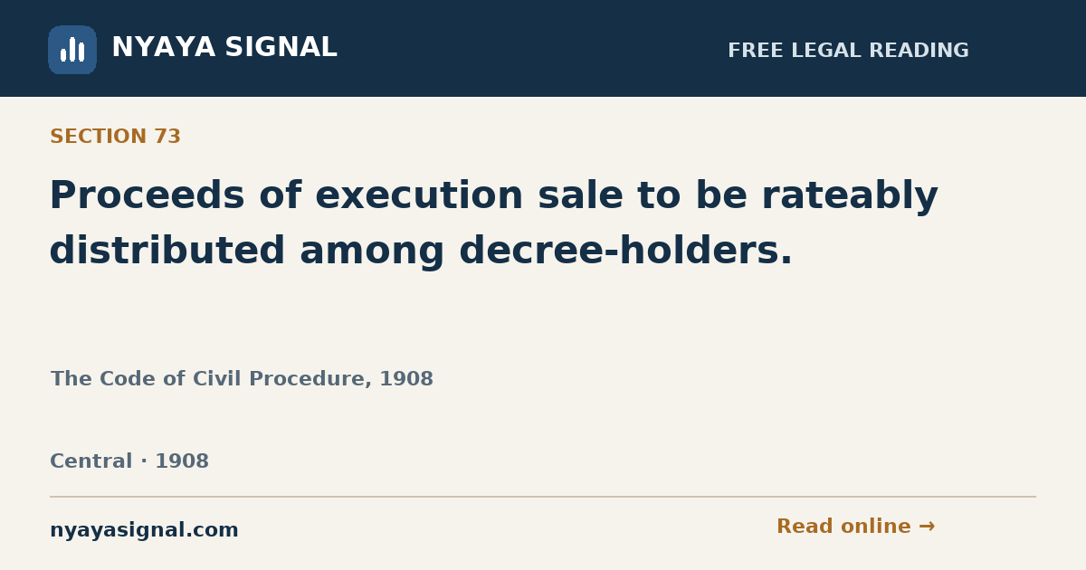 Section 73 — Proceeds of execution sale to be rateably distributed among decree-holders. | The Code of Civil Procedure, 1908 | NYAYA SIGNAL