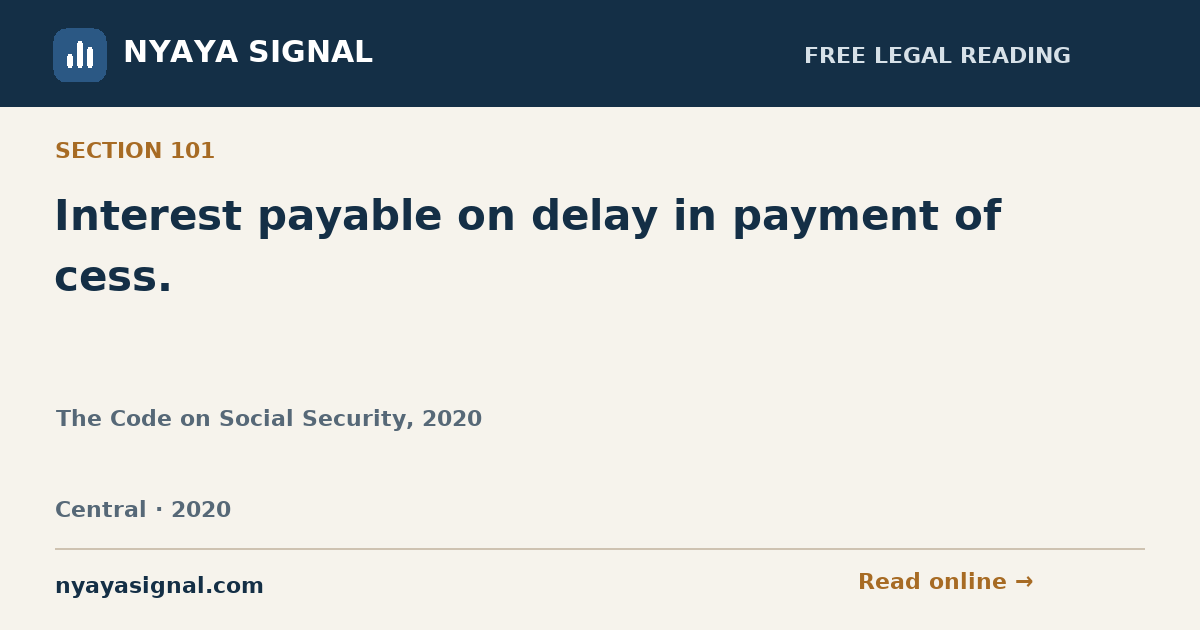 Section 101 — Interest payable on delay in payment of cess. | The Code on Social Security, 2020 | NYAYA SIGNAL