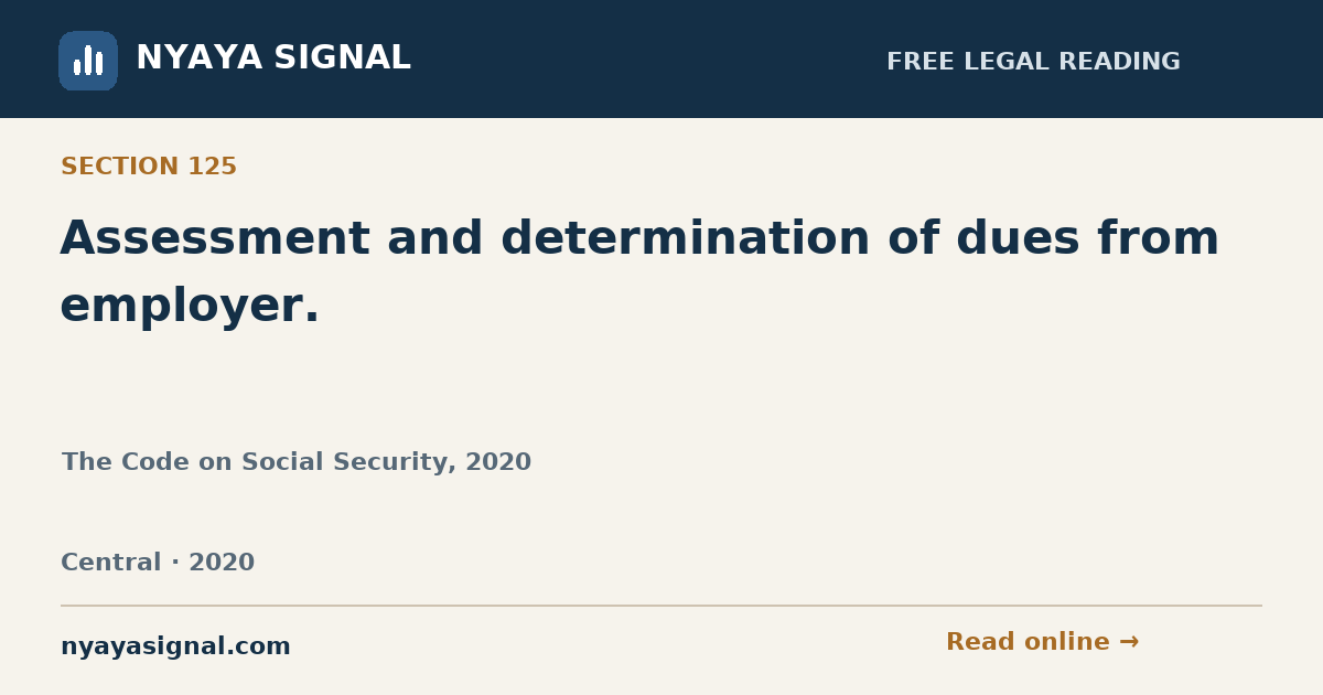 Section 125 — Assessment and determination of dues from employer. | The Code on Social Security, 2020 | NYAYA SIGNAL