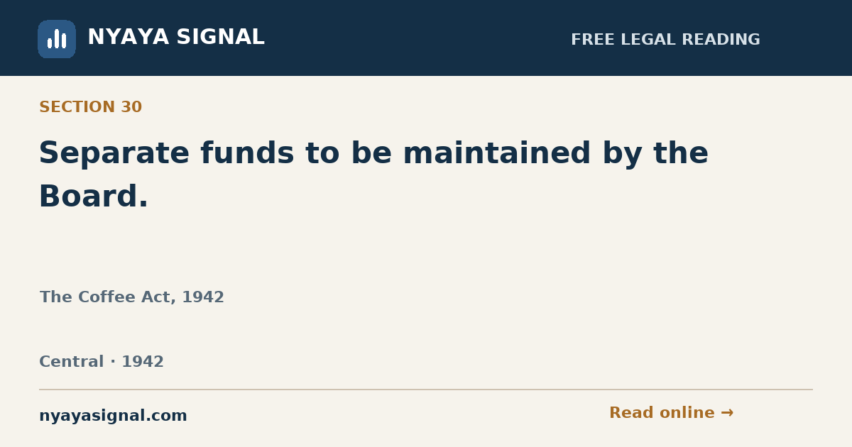 Section 30 — Separate funds to be maintained by the Board. | The Coffee Act, 1942 | NYAYA SIGNAL
